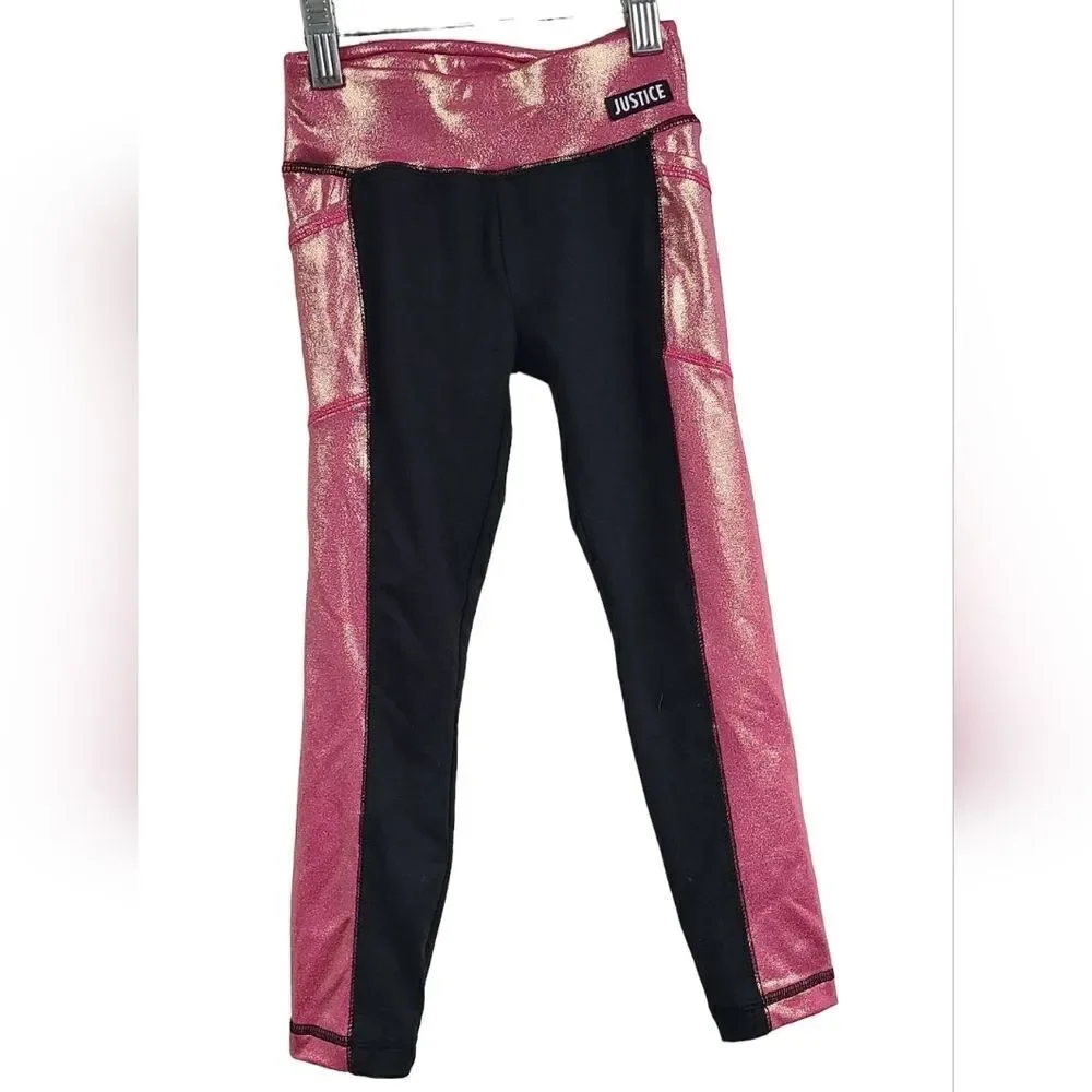 Justice Girls Leggings XS 5/6 Black Pink Shimmer Athletic Side Pocket Activewear
